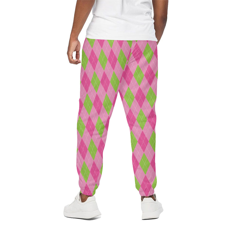 Green And Pink Argyle Pattern Print Cotton Pants