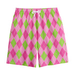 Green And Pink Argyle Pattern Print Cotton Shorts