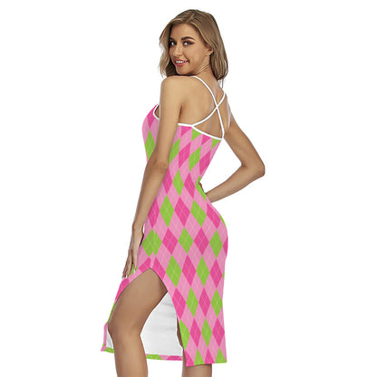 Green And Pink Argyle Pattern Print Cross Back Cami Dress