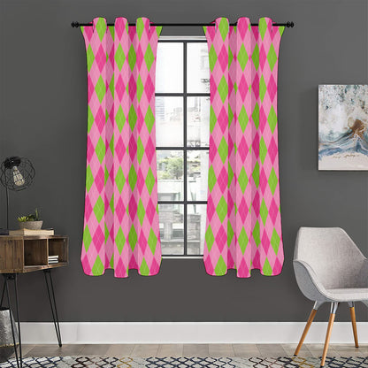 Green And Pink Argyle Pattern Print Curtain