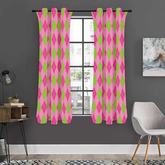 Green And Pink Argyle Pattern Print Curtain