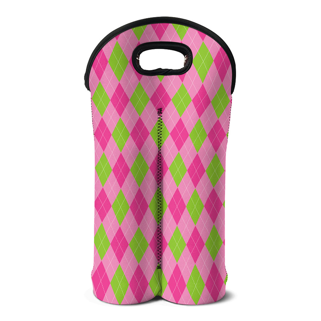 Green And Pink Argyle Pattern Print Double Neoprene Wine Tote