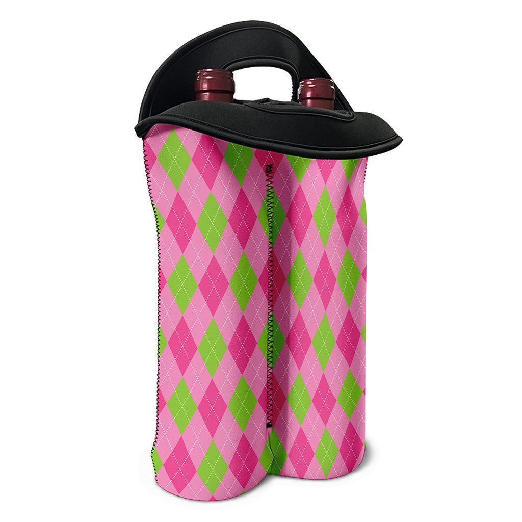 Green And Pink Argyle Pattern Print Double Neoprene Wine Tote