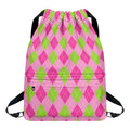 Green And Pink Argyle Pattern Print Drawstring Backpack