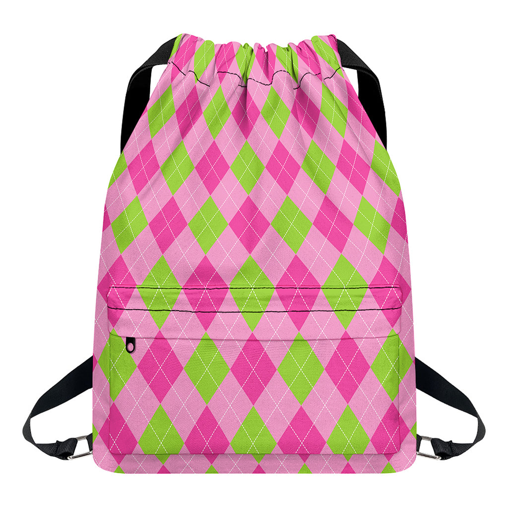 Green And Pink Argyle Pattern Print Drawstring Backpack