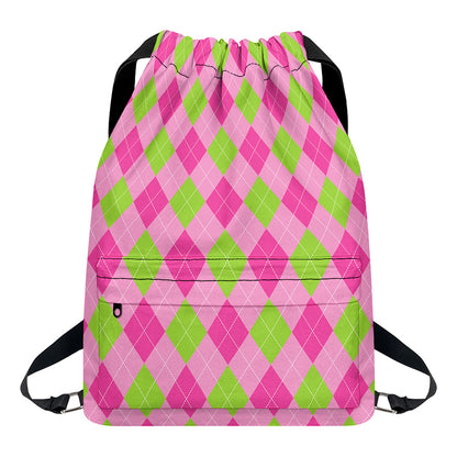 Green And Pink Argyle Pattern Print Drawstring Backpack