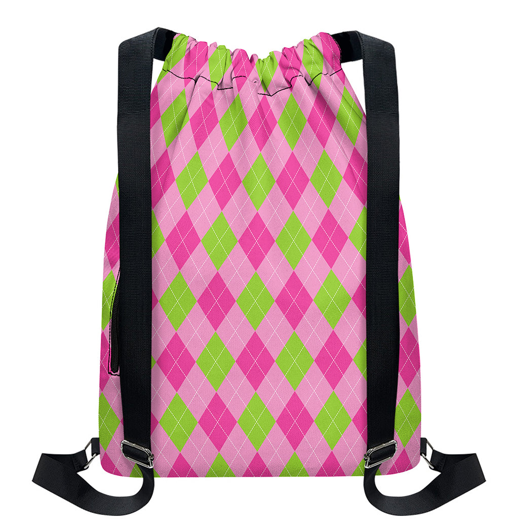 Green And Pink Argyle Pattern Print Drawstring Backpack