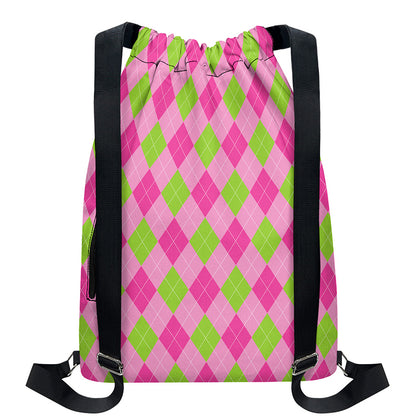 Green And Pink Argyle Pattern Print Drawstring Backpack
