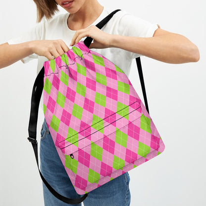 Green And Pink Argyle Pattern Print Drawstring Backpack