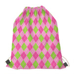 Green And Pink Argyle Pattern Print Drawstring Bag