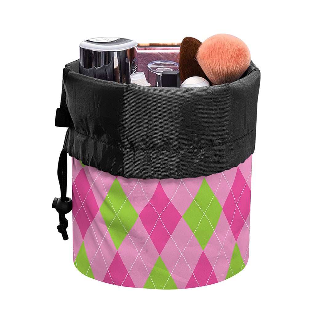 Green And Pink Argyle Pattern Print Drawstring Makeup Bag