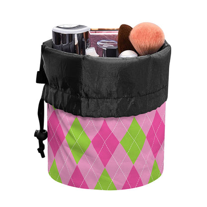 Green And Pink Argyle Pattern Print Drawstring Makeup Bag