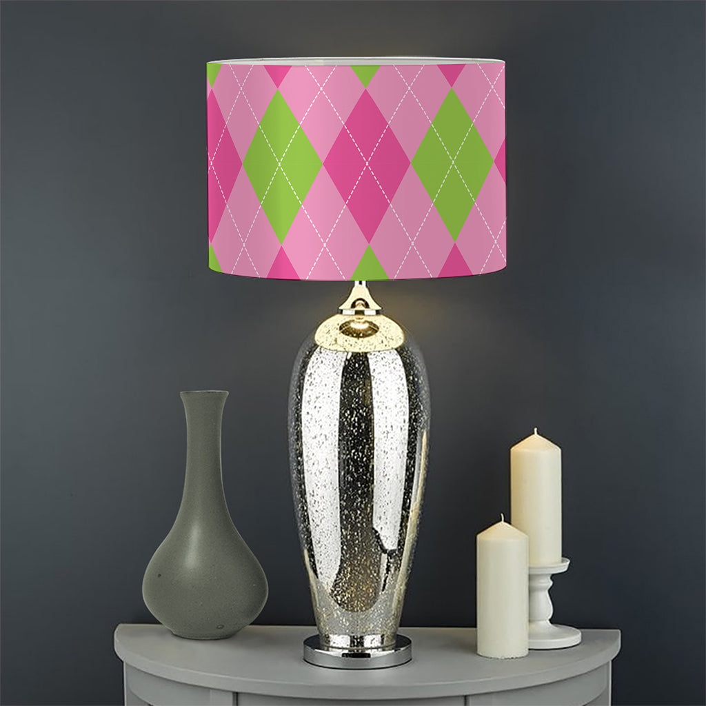 Green And Pink Argyle Pattern Print Drum Lamp Shade