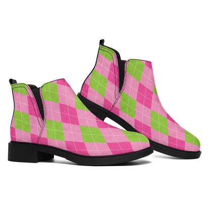 Green And Pink Argyle Pattern Print Flat Ankle Boots
