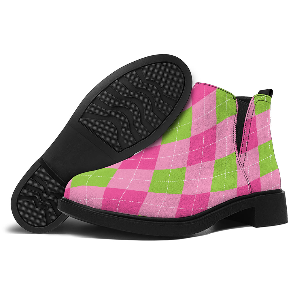 Green And Pink Argyle Pattern Print Flat Ankle Boots