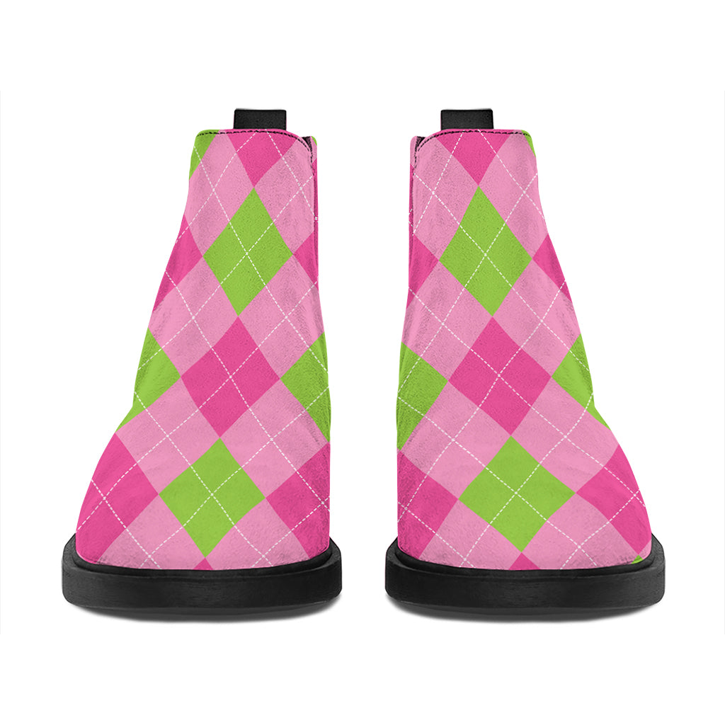 Green And Pink Argyle Pattern Print Flat Ankle Boots