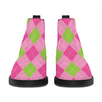 Green And Pink Argyle Pattern Print Flat Ankle Boots