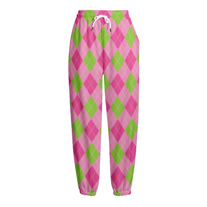 Green And Pink Argyle Pattern Print Fleece Lined Knit Pants