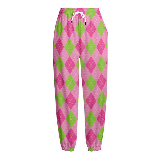 Green And Pink Argyle Pattern Print Fleece Lined Knit Pants