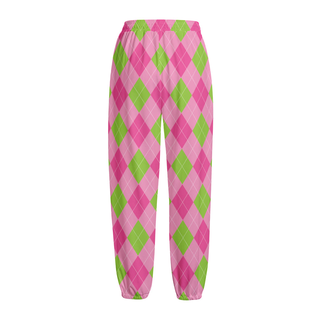 Green And Pink Argyle Pattern Print Fleece Lined Knit Pants