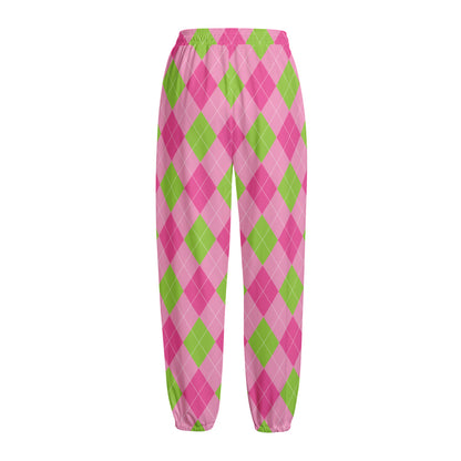 Green And Pink Argyle Pattern Print Fleece Lined Knit Pants