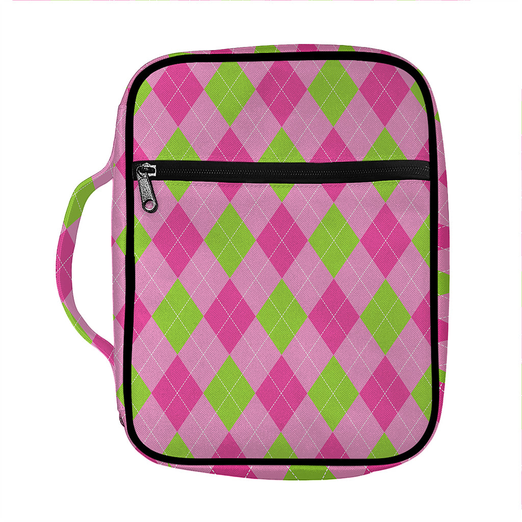Green And Pink Argyle Pattern Print Front Pocket Bible Bag