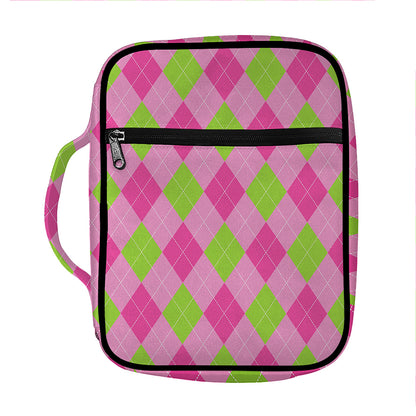 Green And Pink Argyle Pattern Print Front Pocket Bible Bag