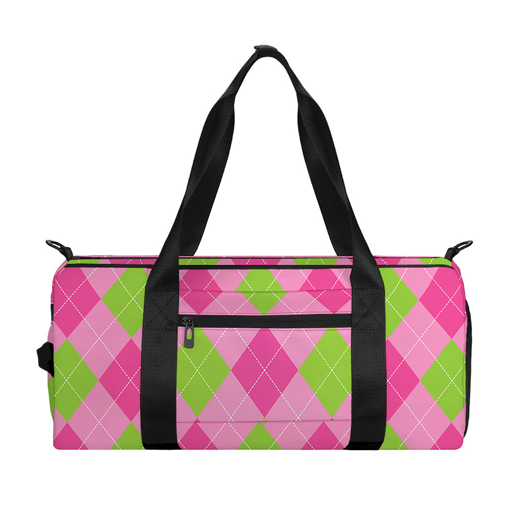Green And Pink Argyle Pattern Print Gym Bag