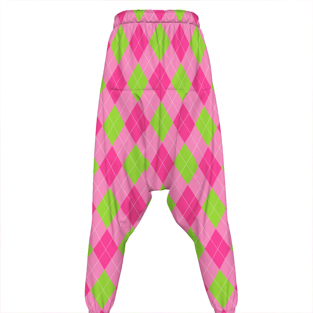 Green And Pink Argyle Pattern Print Hammer Pants