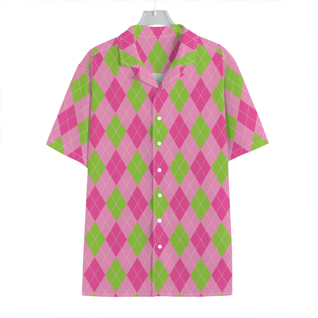 Green And Pink Argyle Pattern Print Hawaiian Shirt