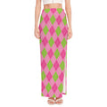 Green And Pink Argyle Pattern Print High Slit Maxi Skirt