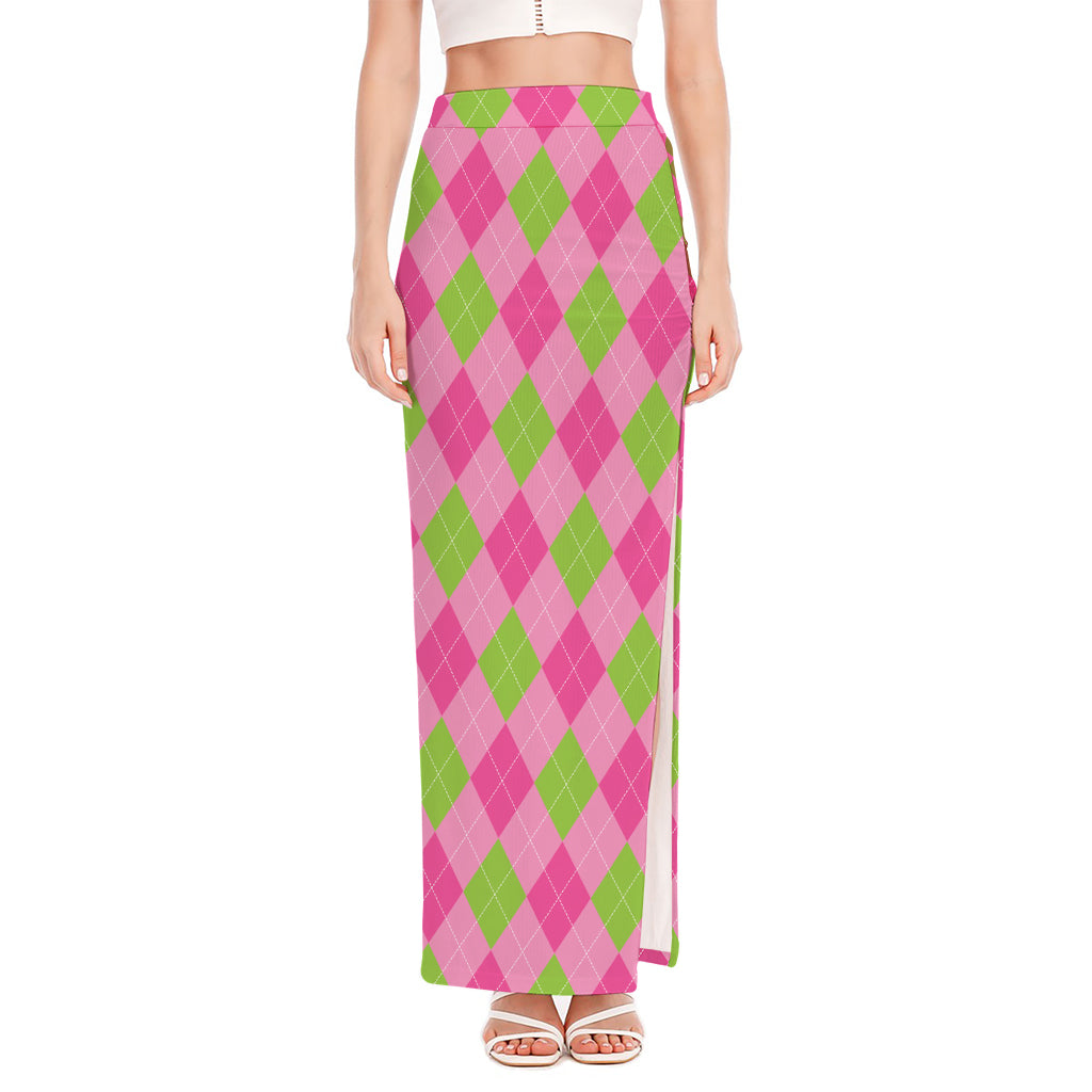 Green And Pink Argyle Pattern Print High Slit Maxi Skirt