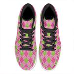 Green And Pink Argyle Pattern Print High Top Leather Sneakers