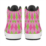Green And Pink Argyle Pattern Print High Top Leather Sneakers