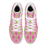 Green And Pink Argyle Pattern Print High Top Leather Sneakers