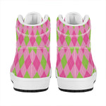 Green And Pink Argyle Pattern Print High Top Leather Sneakers