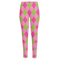 Green And Pink Argyle Pattern Print High-Waisted Pocket Leggings