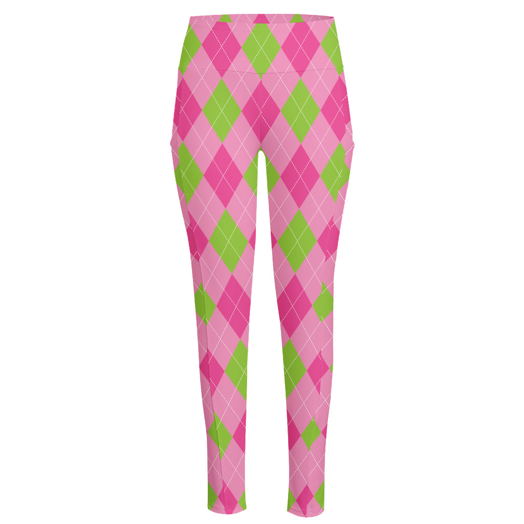 Green And Pink Argyle Pattern Print High-Waisted Pocket Leggings
