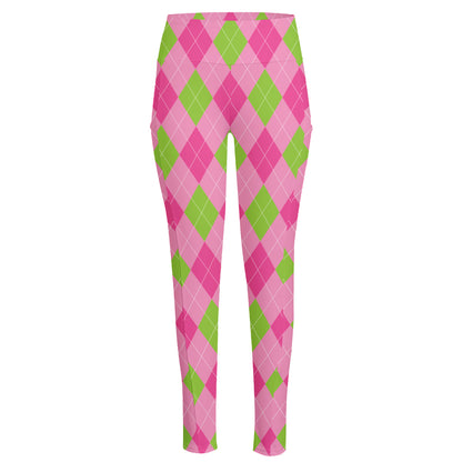 Green And Pink Argyle Pattern Print High-Waisted Pocket Leggings