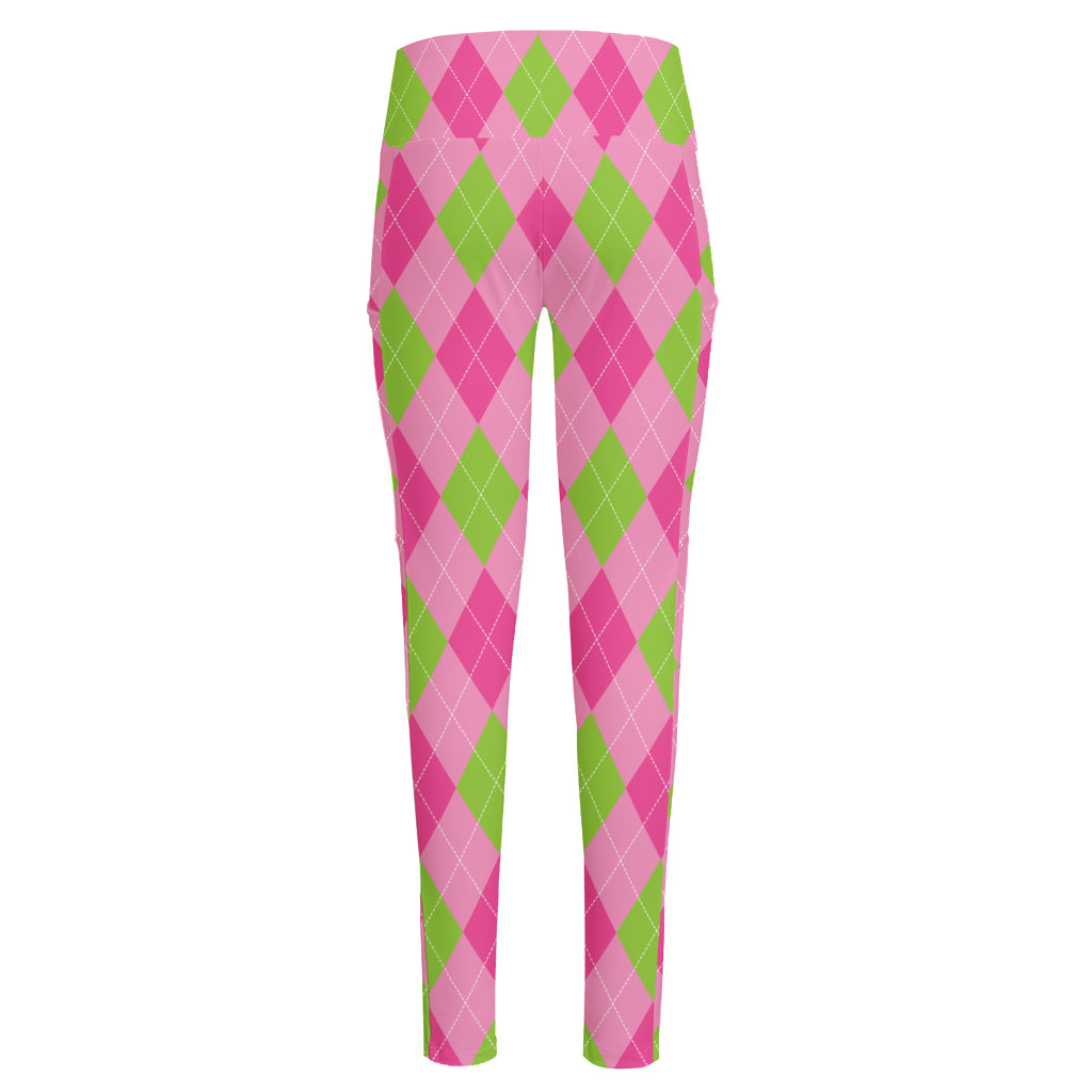 Green And Pink Argyle Pattern Print High-Waisted Pocket Leggings