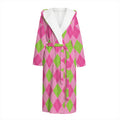 Green And Pink Argyle Pattern Print Hooded Bathrobe