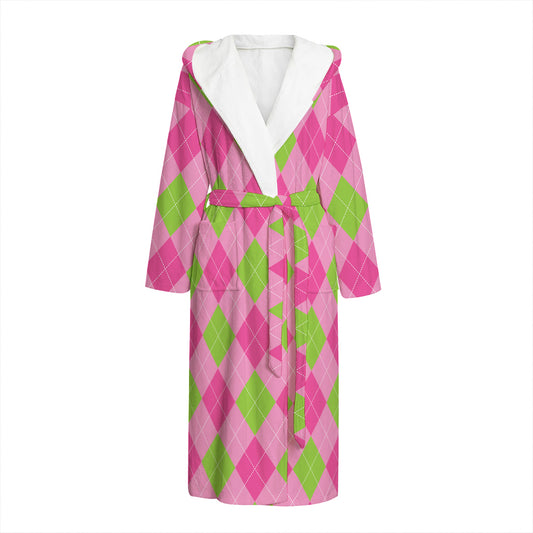 Green And Pink Argyle Pattern Print Hooded Bathrobe