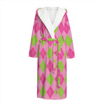 Green And Pink Argyle Pattern Print Hooded Bathrobe