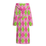 Green And Pink Argyle Pattern Print Hooded Bathrobe