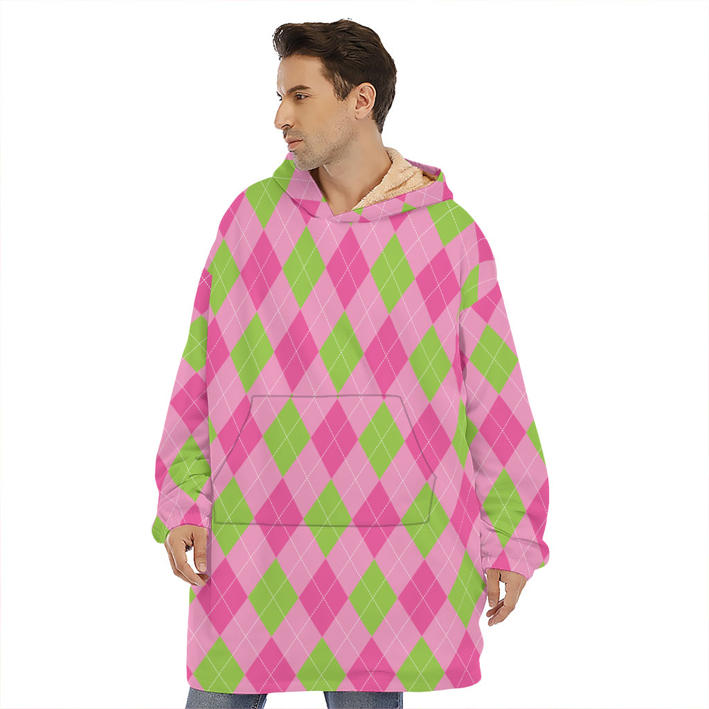 Green And Pink Argyle Pattern Print Hoodie Blanket