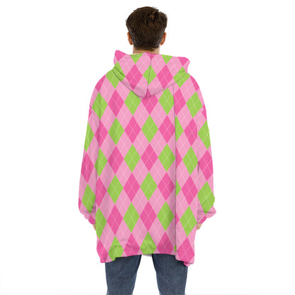 Green And Pink Argyle Pattern Print Hoodie Blanket