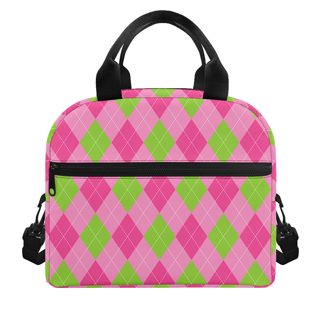 Green And Pink Argyle Pattern Print Insulated Lunch Bag