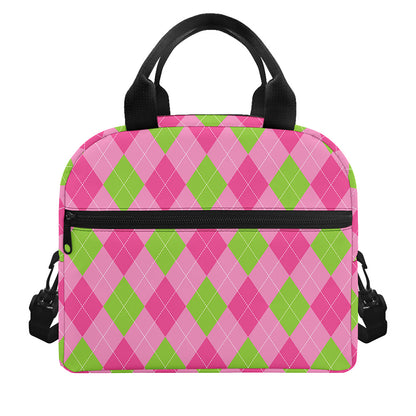 Green And Pink Argyle Pattern Print Insulated Lunch Bag