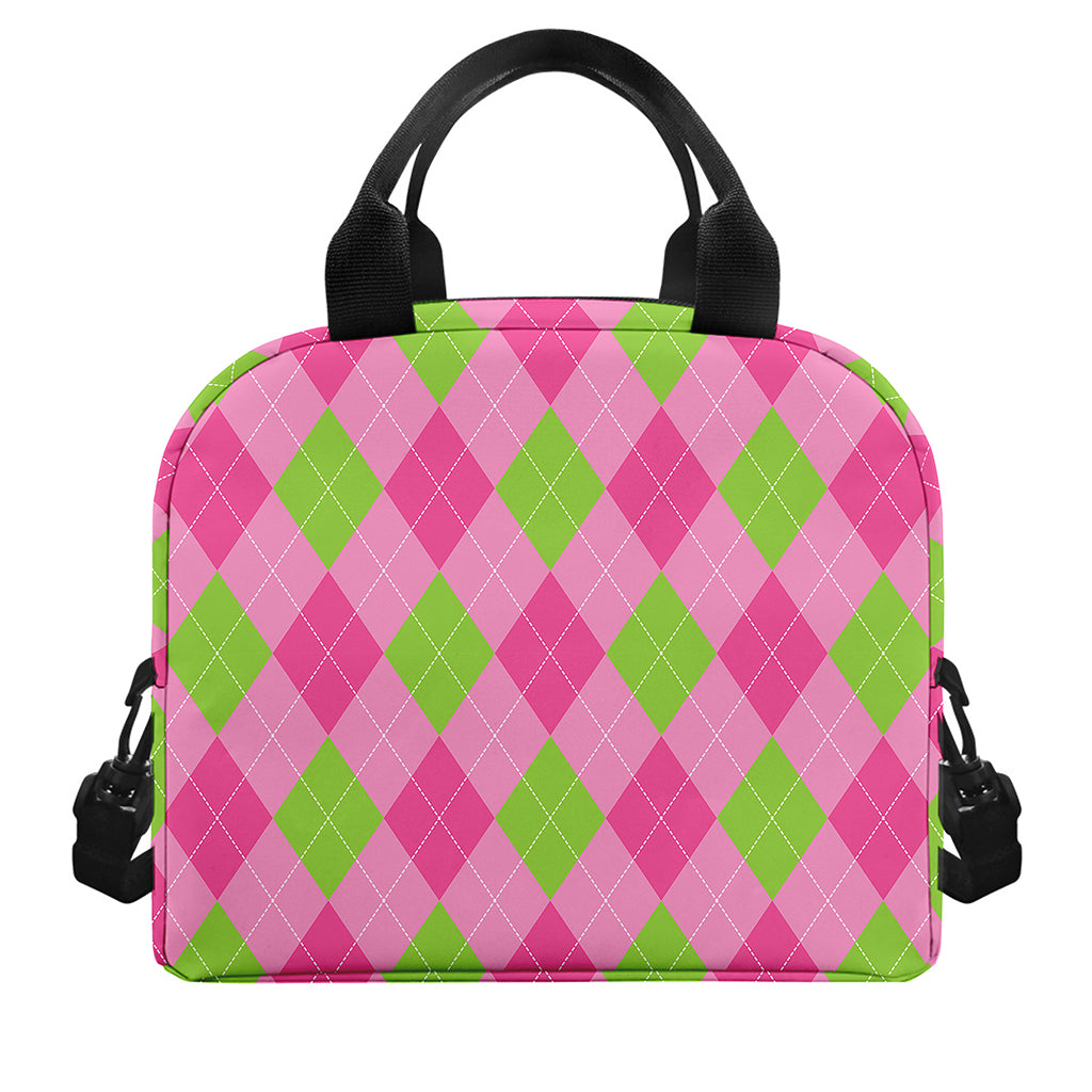 Green And Pink Argyle Pattern Print Insulated Lunch Bag