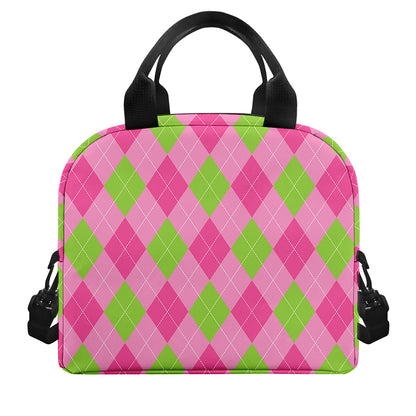 Green And Pink Argyle Pattern Print Insulated Lunch Bag